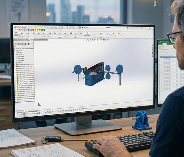 Engenheiro da Fischertec desenvolvendo o projeto 3D de uma máquina de costura industrial em CAD